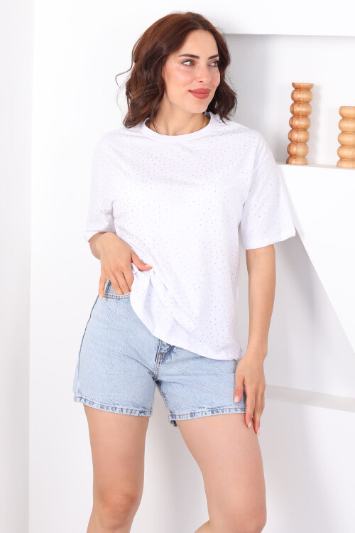 Taşlı Basic Beyaz Kadın Oversize T-Shirt - 3