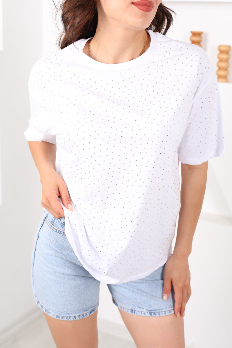 Taşlı Basic Beyaz Kadın Oversize T-Shirt - 2