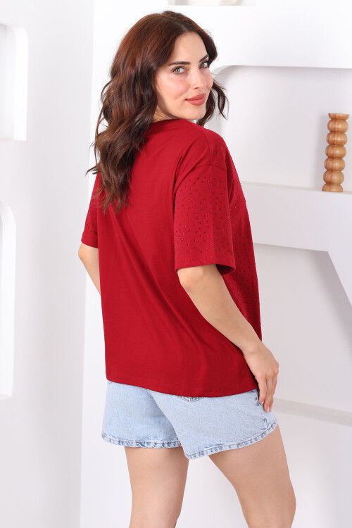 Taşlı Basic Bordo Kadın Oversize T-Shirt - 4