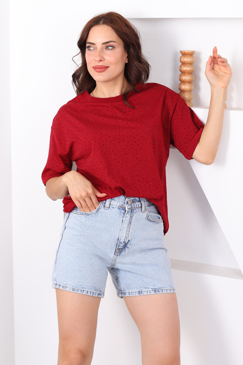 Taşlı Basic Bordo Kadın Oversize T-Shirt - 3