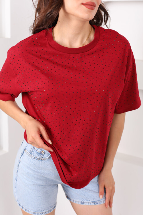 Taşlı Basic Bordo Kadın Oversize T-Shirt - 2