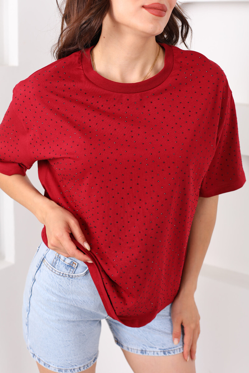 Taşlı Basic Bordo Kadın Oversize T-Shirt - 2