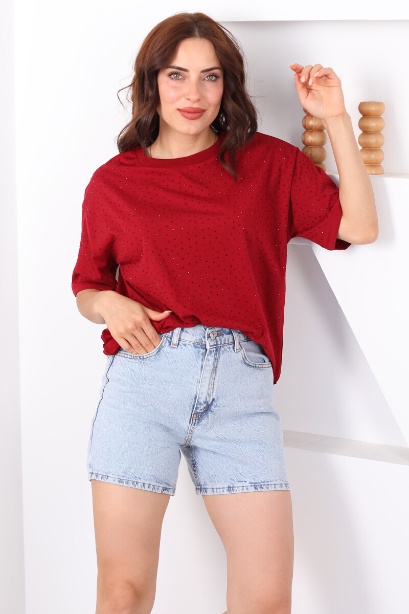 Taşlı Basic Bordo Kadın Oversize T-Shirt - 1