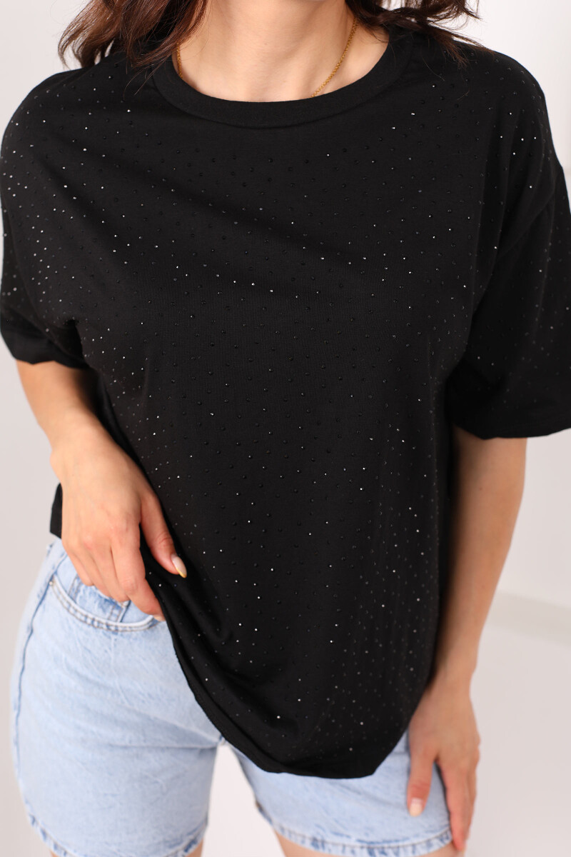 Taşlı Basic Siyah Kadın Oversize T-Shirt - 2