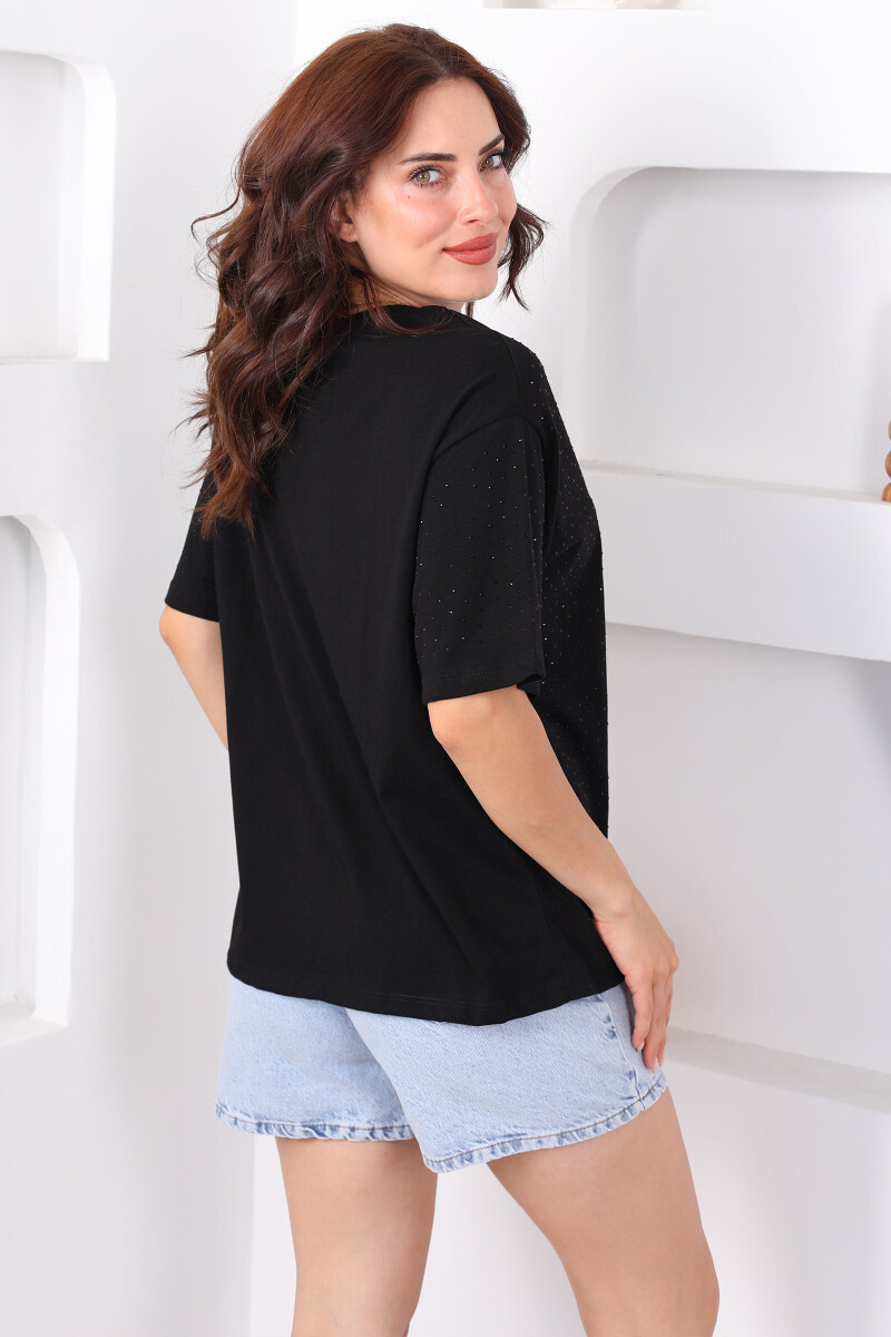 Taşlı Basic Siyah Kadın Oversize T-Shirt - 4