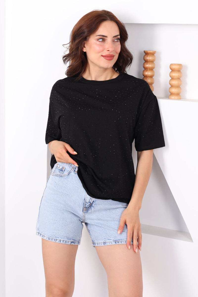 Taşlı Basic Siyah Kadın Oversize T-Shirt - 1