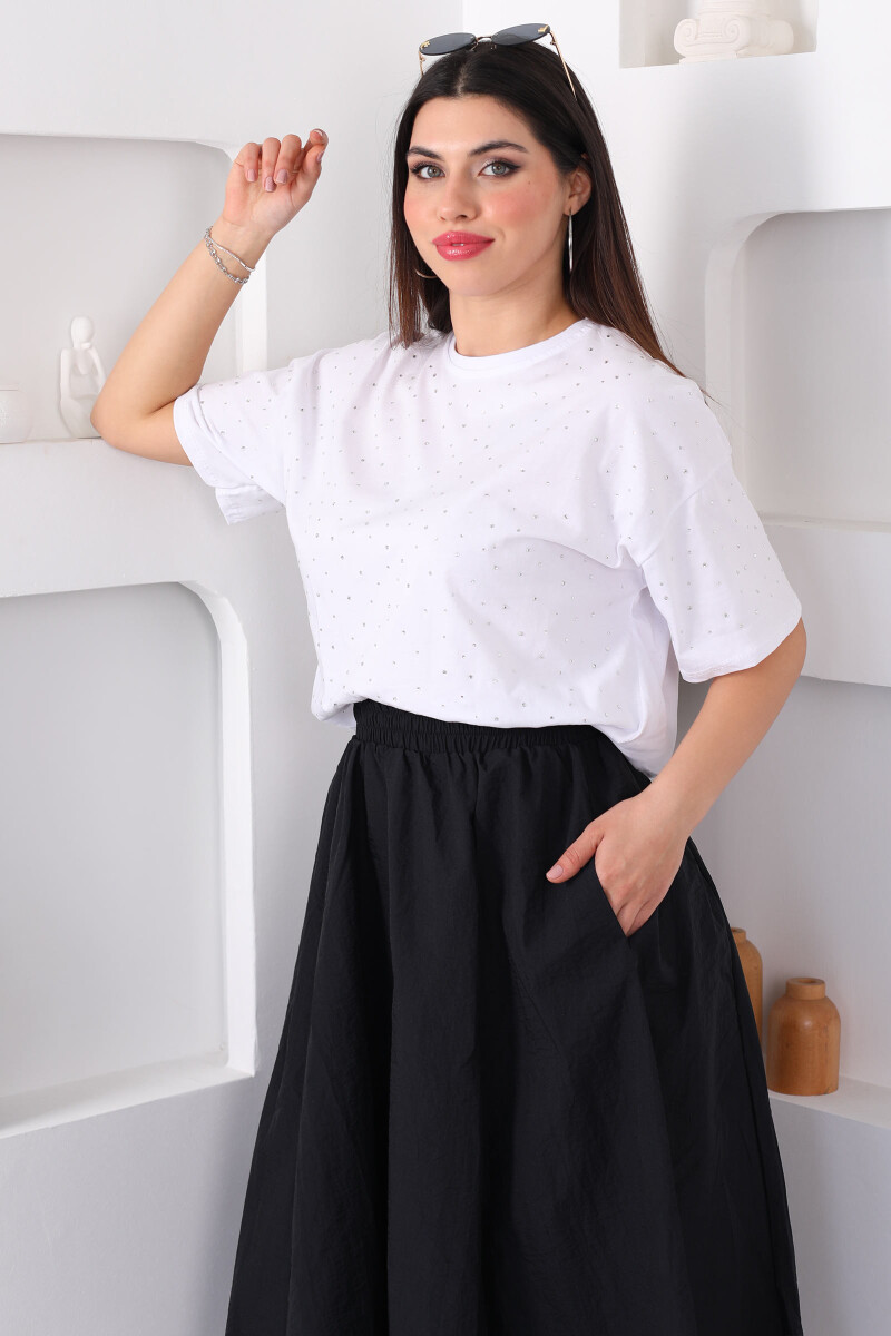 Taşlı Beyaz Kadın T-Shirt - 1