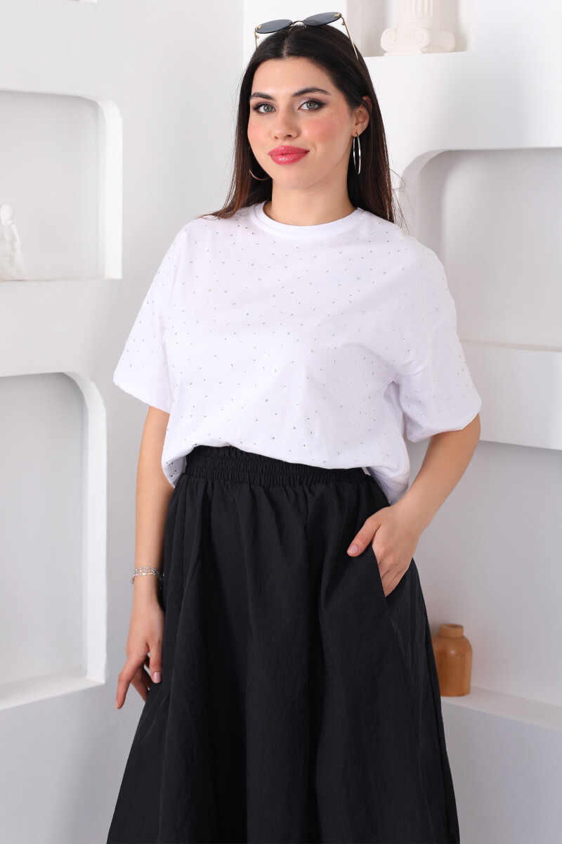 Taşlı Beyaz Kadın T-Shirt - 5