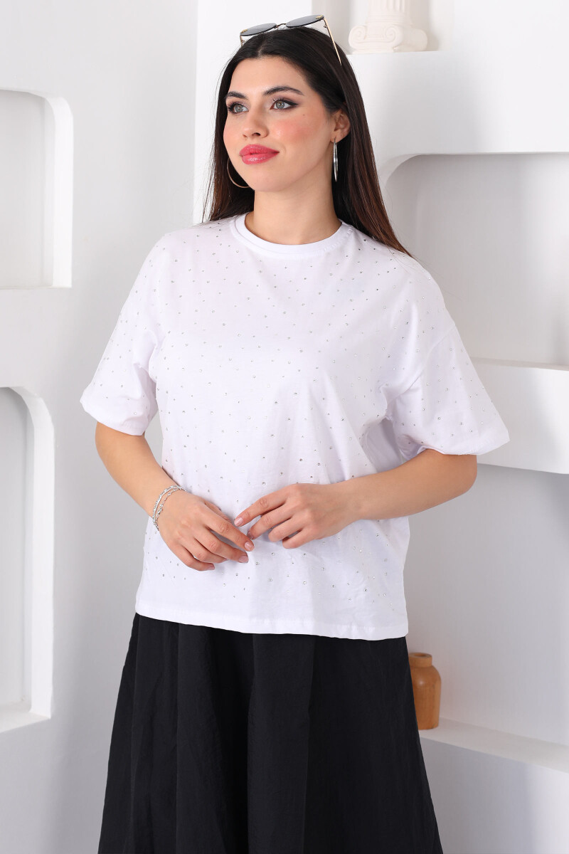 Taşlı Beyaz Kadın T-Shirt - 3