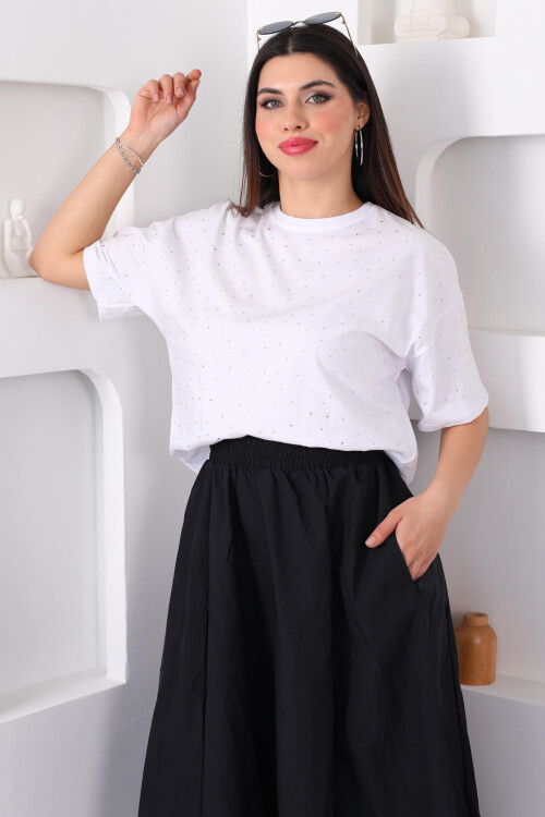 Taşlı Beyaz Kadın T-Shirt - 4