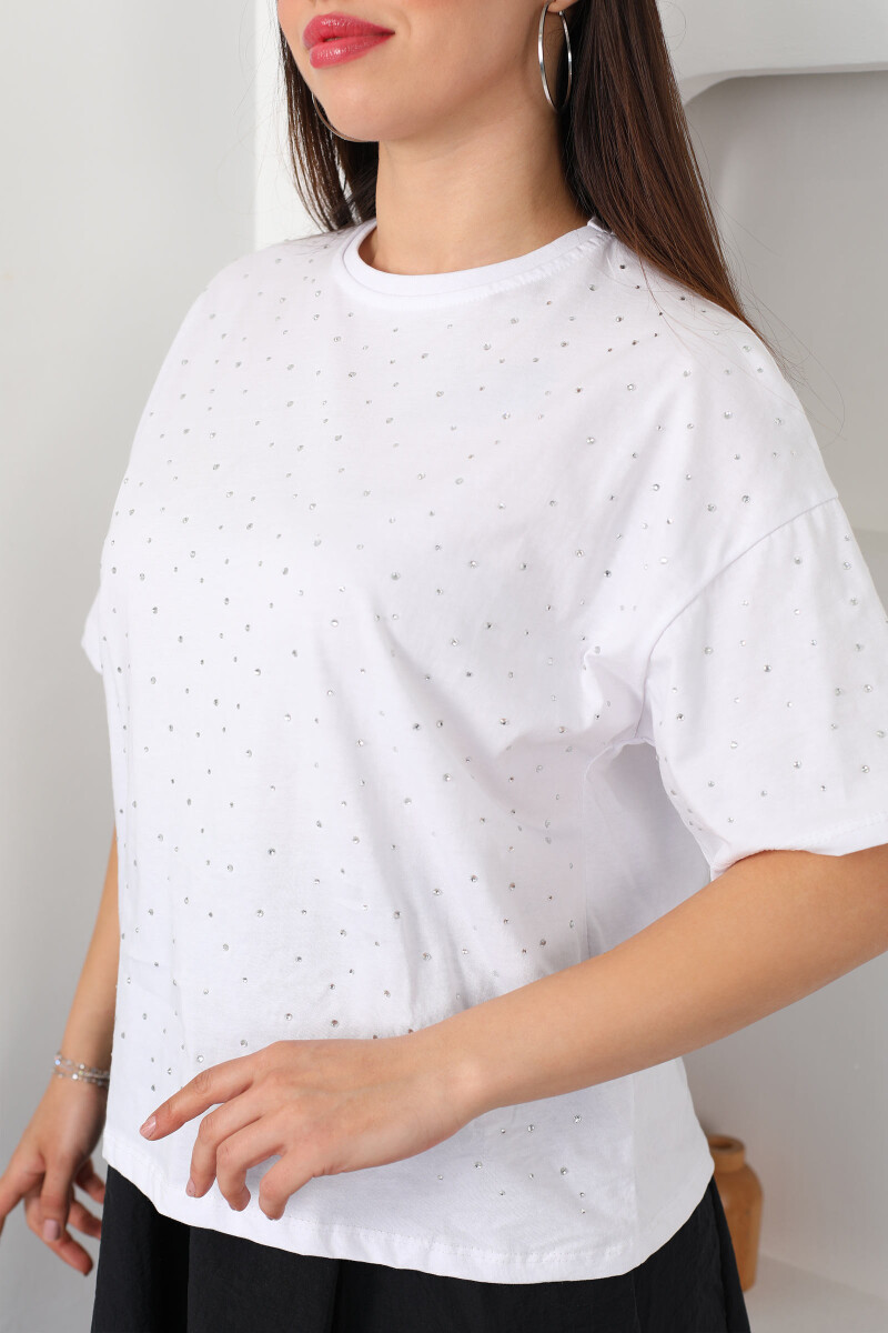 Taşlı Beyaz Kadın T-Shirt - 2
