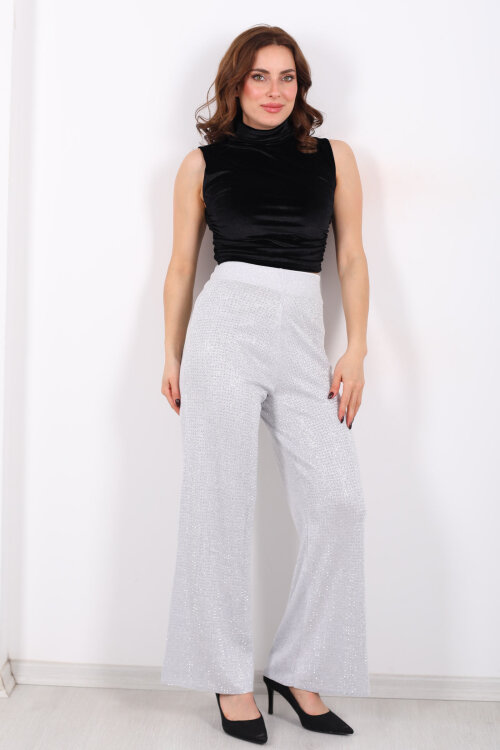 Taşlı Bol Paça Gri Kadın Triko Pantolon - 5