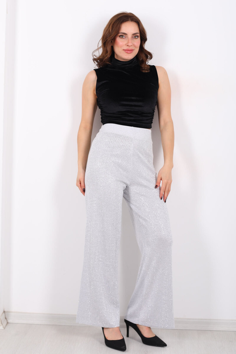 Taşlı Bol Paça Gri Kadın Triko Pantolon - 5