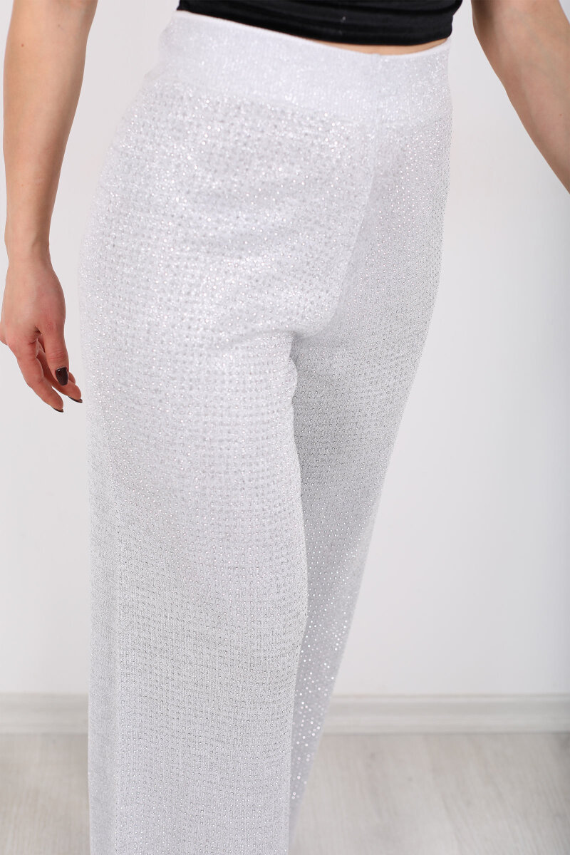 Taşlı Bol Paça Gri Kadın Triko Pantolon - 2