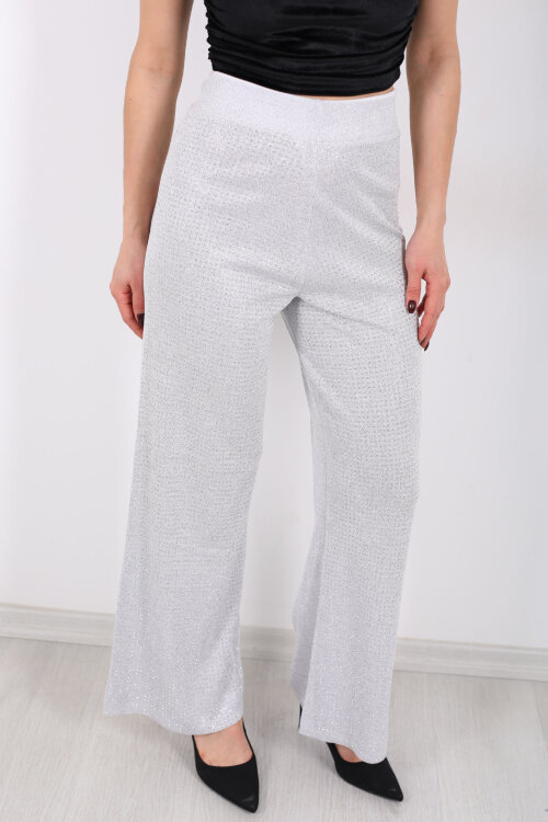 Taşlı Bol Paça Gri Kadın Triko Pantolon - 4
