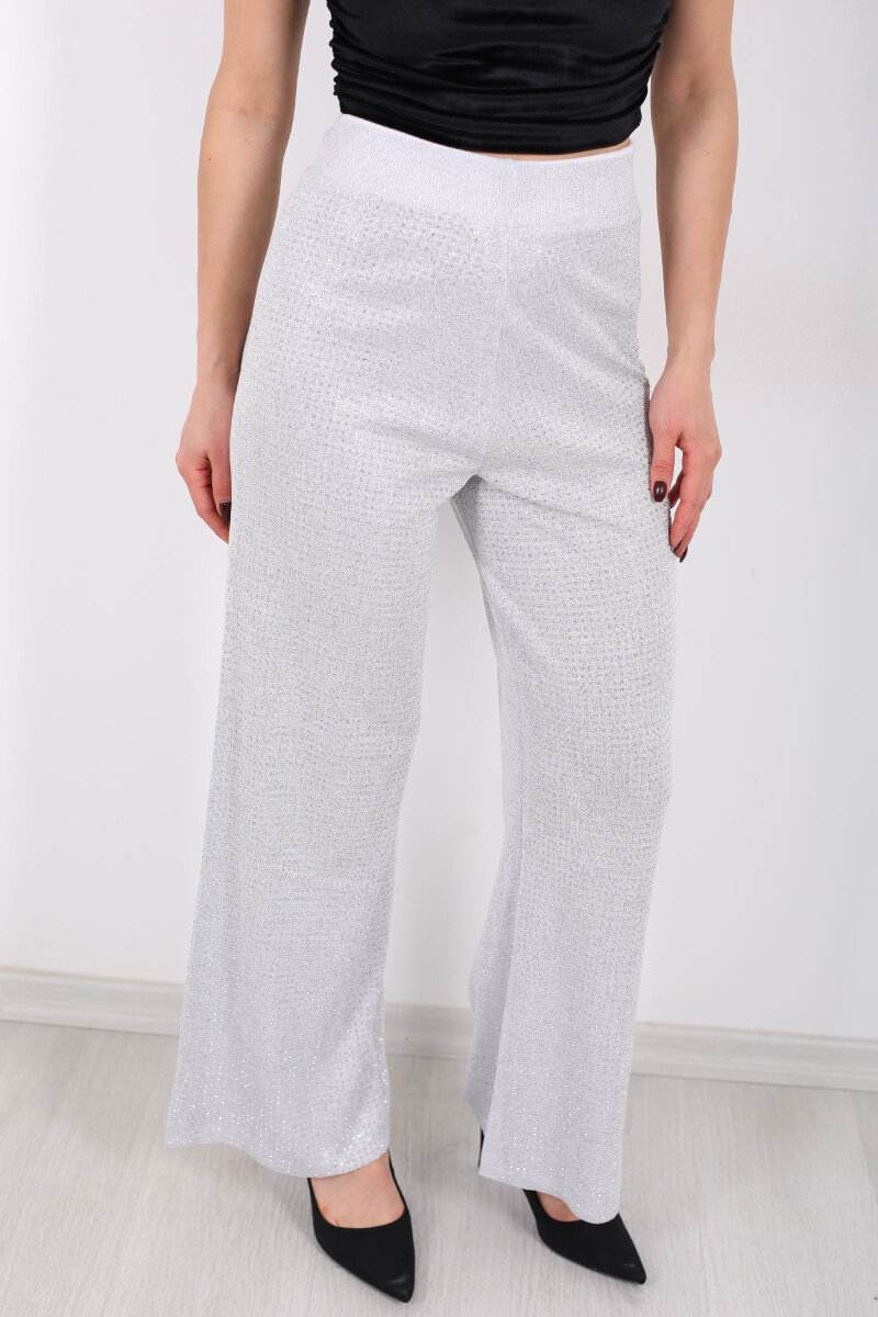 Taşlı Bol Paça Gri Kadın Triko Pantolon - 4