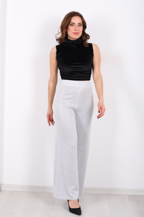 Taşlı Bol Paça Gri Kadın Triko Pantolon - 3
