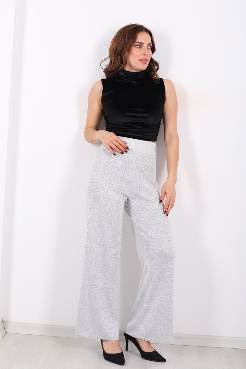 Taşlı Bol Paça Gri Kadın Triko Pantolon - 1