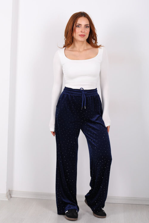 Taşlı Bol Paça Lacivert Kadın Kadife Pantolon - 6