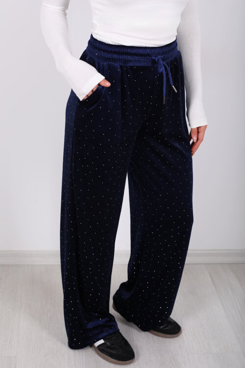 Taşlı Bol Paça Lacivert Kadın Kadife Pantolon - Berox (1)