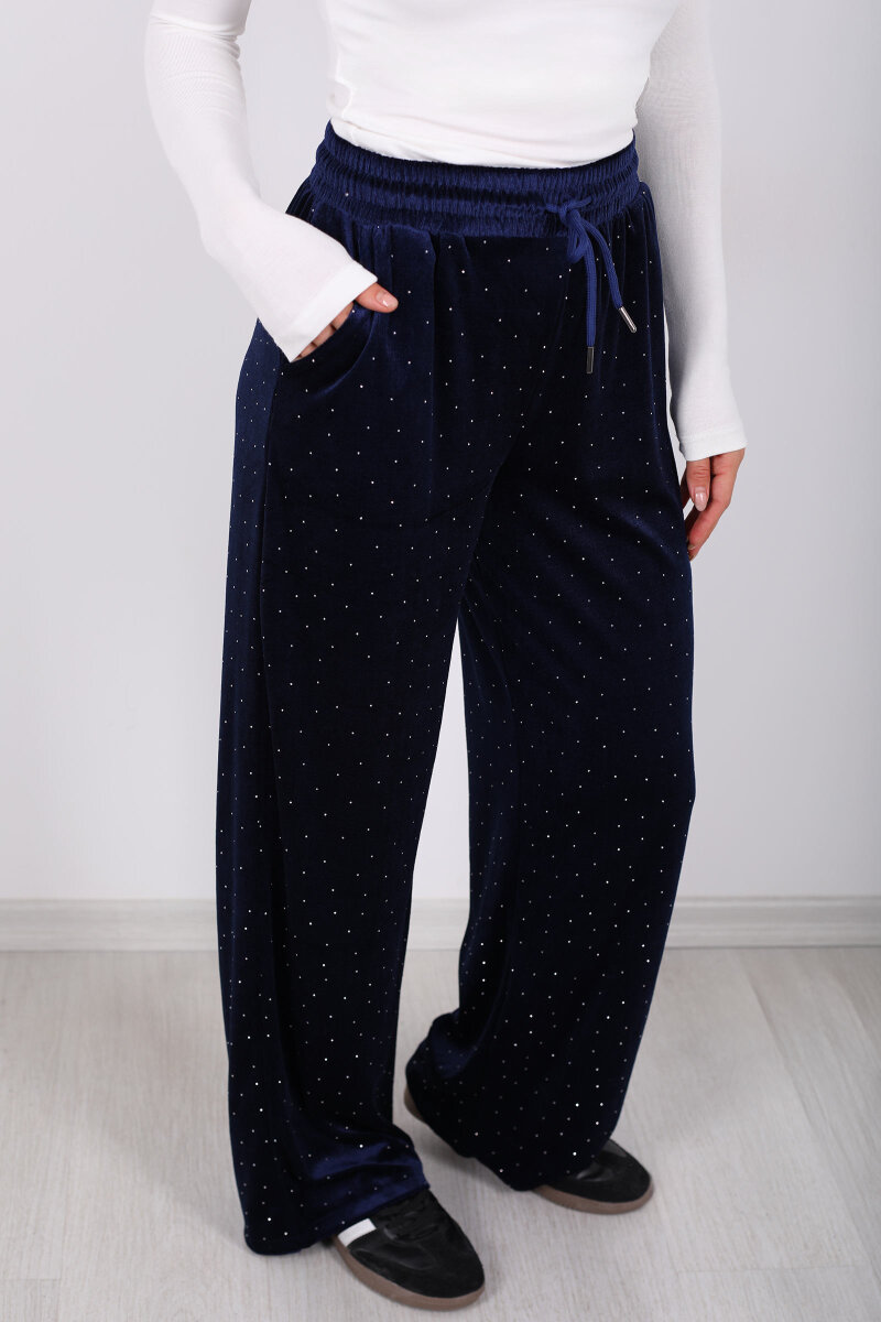 Taşlı Bol Paça Lacivert Kadın Kadife Pantolon - 2