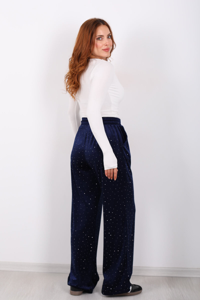 Taşlı Bol Paça Lacivert Kadın Kadife Pantolon - 5