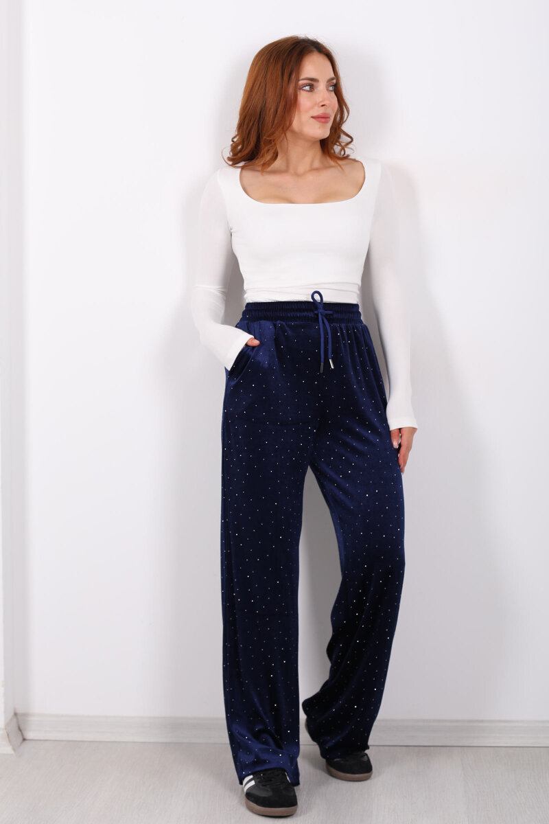 Taşlı Bol Paça Lacivert Kadın Kadife Pantolon - 1