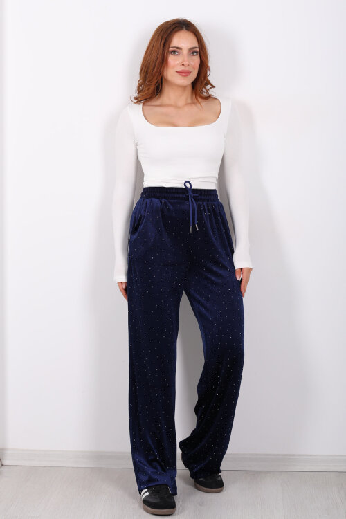 Taşlı Bol Paça Lacivert Kadın Kadife Pantolon - 3