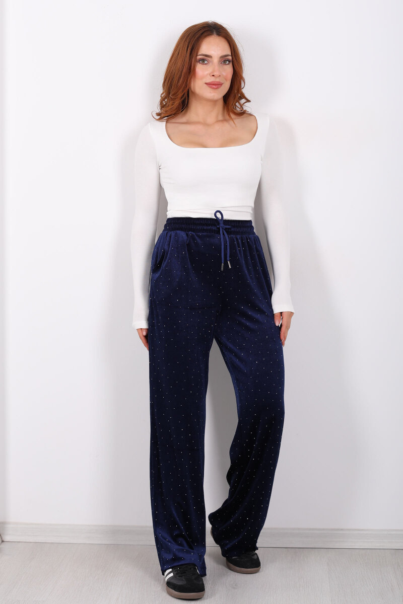 Taşlı Bol Paça Lacivert Kadın Kadife Pantolon - 3