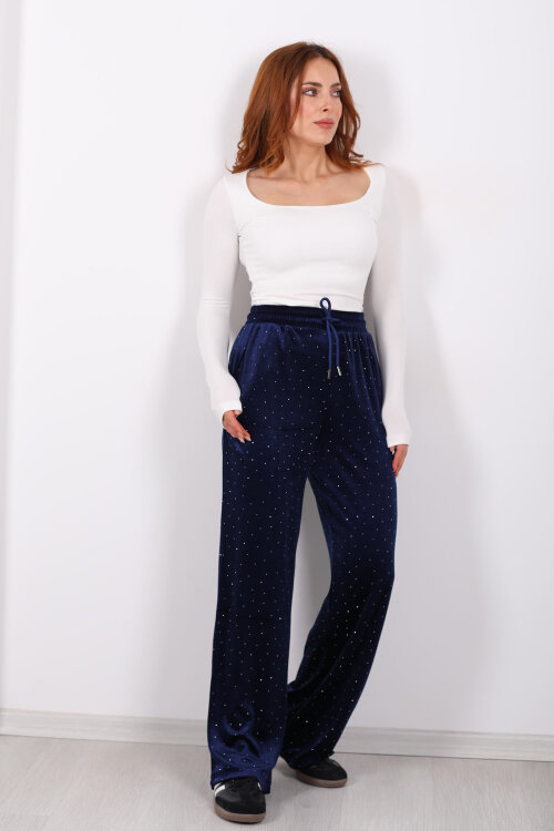 Taşlı Bol Paça Lacivert Kadın Kadife Pantolon - 4