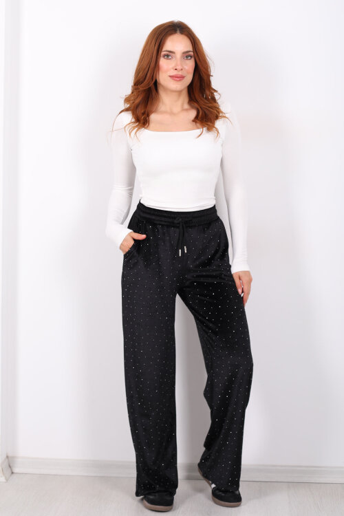 Taşlı Bol Paça Siyah Kadın Kadife Pantolon - 4