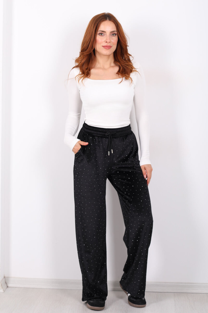 Taşlı Bol Paça Siyah Kadın Kadife Pantolon - 4