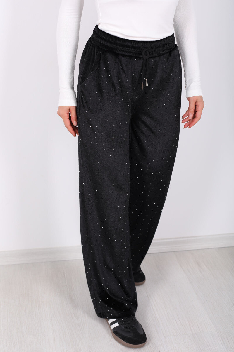 Taşlı Bol Paça Siyah Kadın Kadife Pantolon - 2
