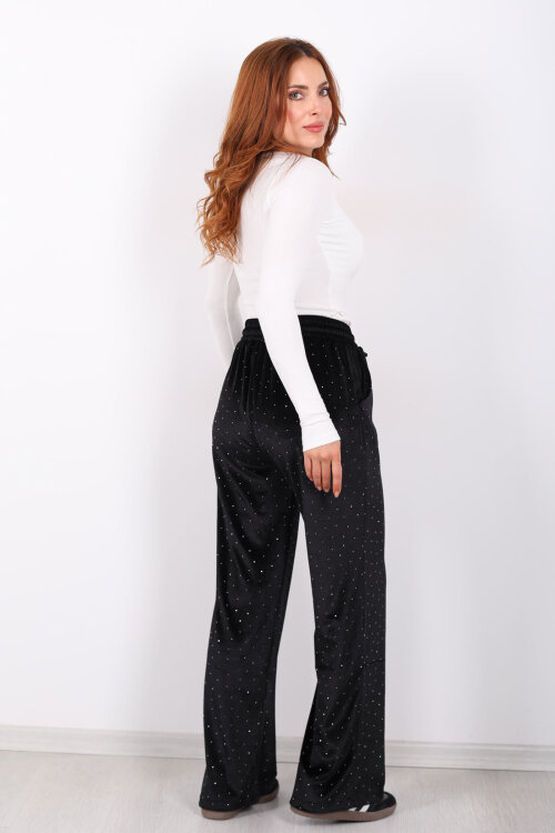 Taşlı Bol Paça Siyah Kadın Kadife Pantolon - 5