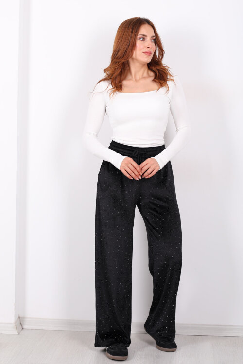 Taşlı Bol Paça Siyah Kadın Kadife Pantolon - 3