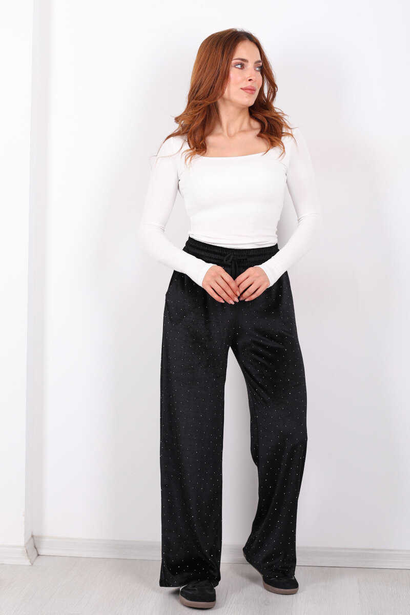 Taşlı Bol Paça Siyah Kadın Kadife Pantolon - 3