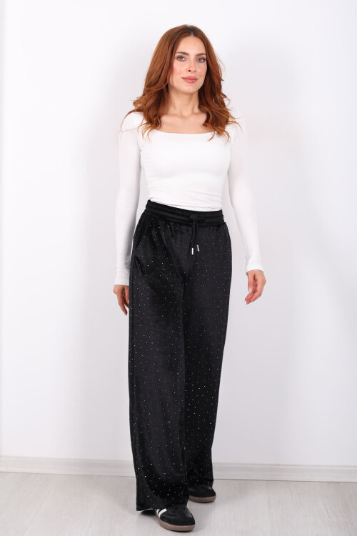 Taşlı Bol Paça Siyah Kadın Kadife Pantolon - 6