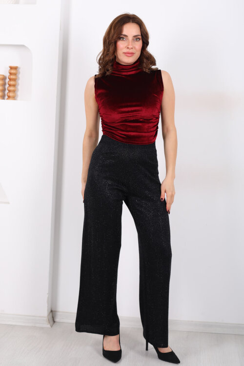 Taşlı Bol Paça Siyah Kadın Triko Pantolon - 5