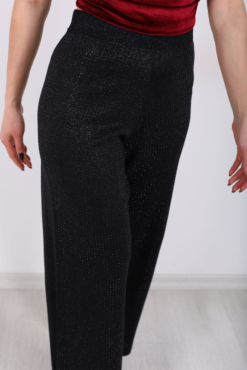 Taşlı Bol Paça Siyah Kadın Triko Pantolon - 2