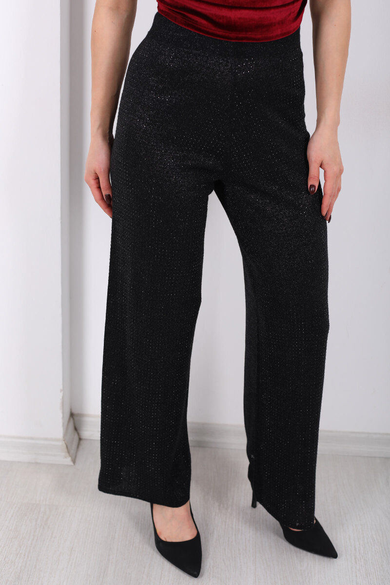 Taşlı Bol Paça Siyah Kadın Triko Pantolon - 4