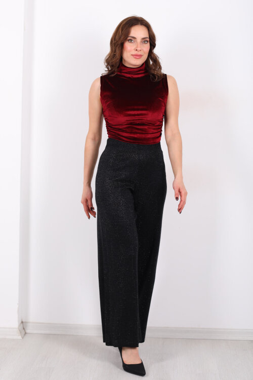 Taşlı Bol Paça Siyah Kadın Triko Pantolon - 3