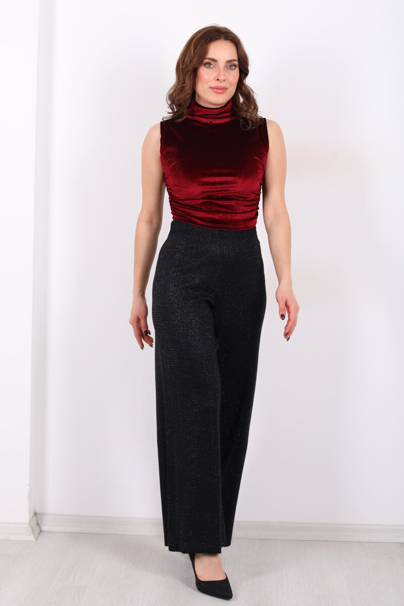 Taşlı Bol Paça Siyah Kadın Triko Pantolon - 3