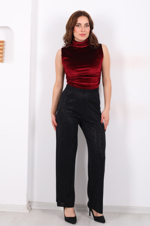 Taşlı Bol Paça Siyah Kadın Triko Pantolon - Berox