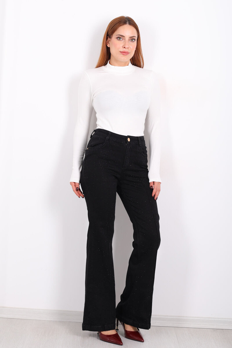 Taşlı Çimalı İspanyol Paça Siyah Kadın Pantolon - 4