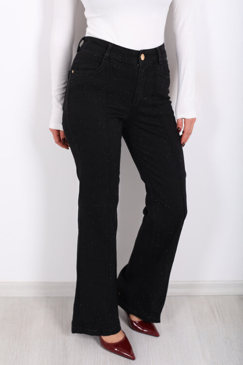 Taşlı Çimalı İspanyol Paça Siyah Kadın Pantolon - Berox (1)