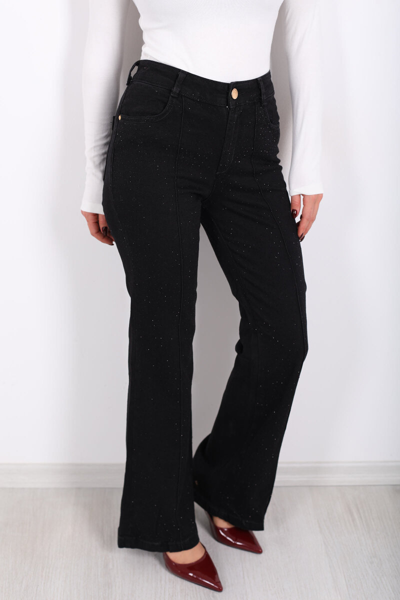Taşlı Çimalı İspanyol Paça Siyah Kadın Pantolon - 2