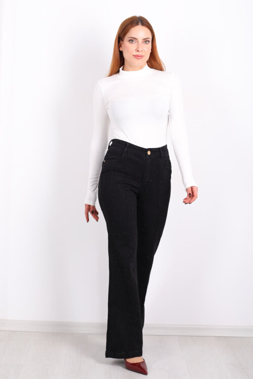 Taşlı Çimalı İspanyol Paça Siyah Kadın Pantolon - 3