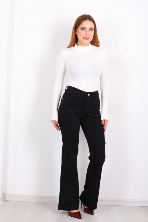 Taşlı Çimalı İspanyol Paça Siyah Kadın Pantolon - 6