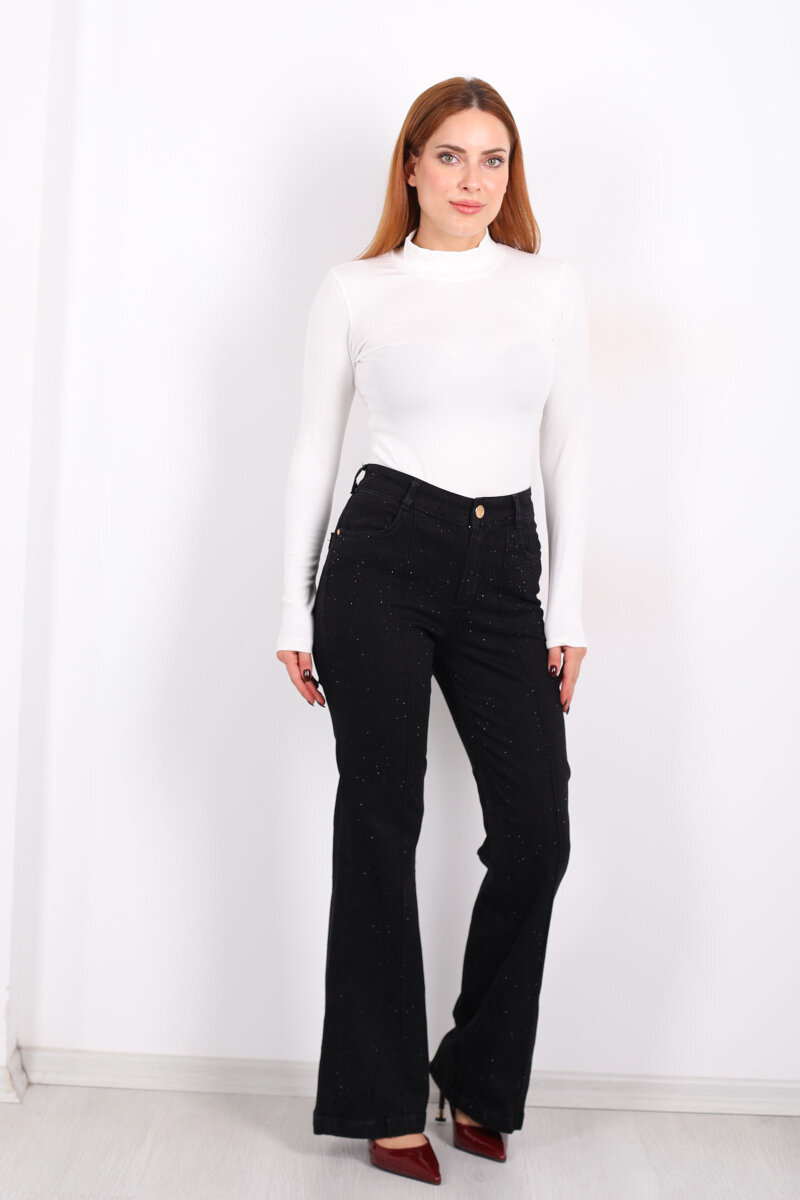 Taşlı Çimalı İspanyol Paça Siyah Kadın Pantolon - 6