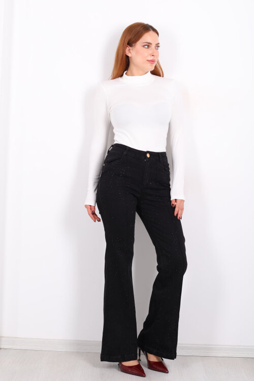 Taşlı Çimalı İspanyol Paça Siyah Kadın Pantolon - Berox